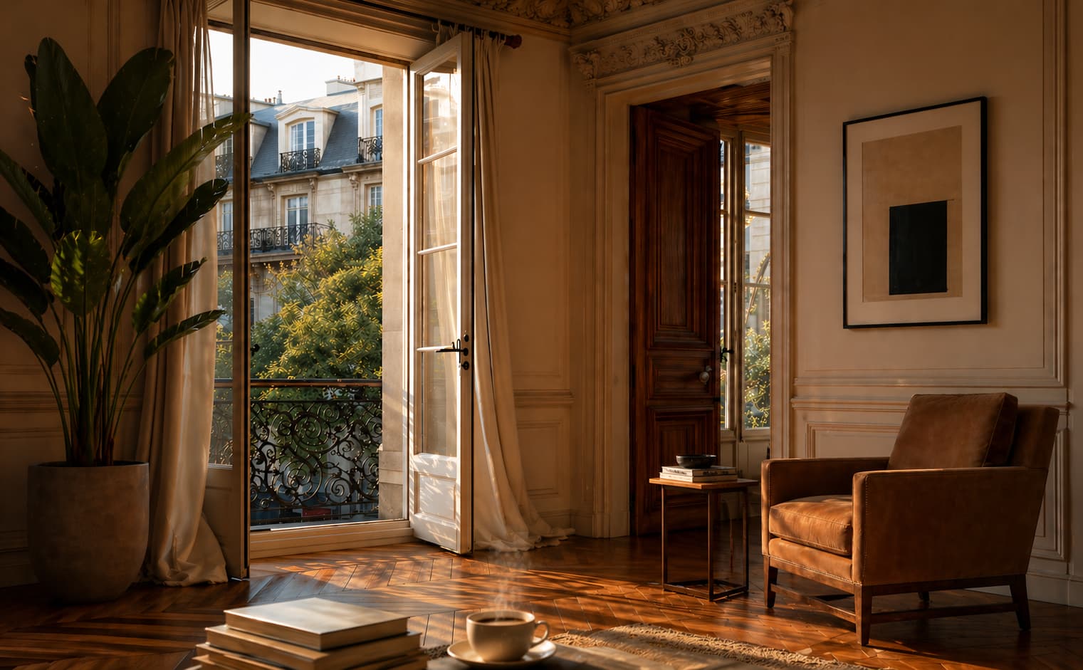 Appartement haussmannien parisien, salon avec parquet point de Hongrie et porte-fenêtre ouverte sur balcon