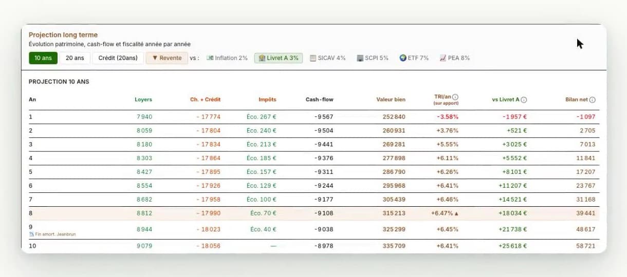 10-year projection table with IRR and net balance