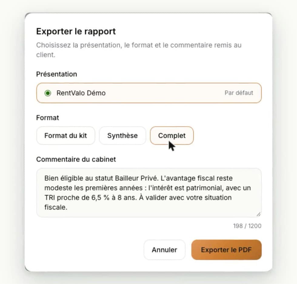 Report export window: layout, format and the firm's comment